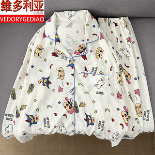 Victoria's style cute cartoon crayon shin-chan pajamas for men and women spring autumn summer cloud cotton couple wear long-sleeved home clothes two-piece set for one man and one woman long-sleeved cardigan trousers xl recommended 120-140 jin jin equals 0.5 kg to wear