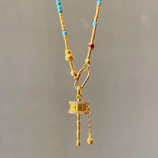 Allied gold six-word motto pendant for women new pure gold 999 turquoise necklace clavicle chain for girlfriend gold gold rotating turquoise necklace gold weight about 12
