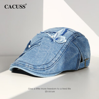 Cacuss blue butterfly spring and summer women's forward hat beret retro butterfly denim chinese style fashion painter hat blue one size adjustable (56-58cm)