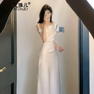 Aizhuer french style high-end sloping collar slant shoulder dress waist bag hip acetate satin banquet dress women's new beige xl