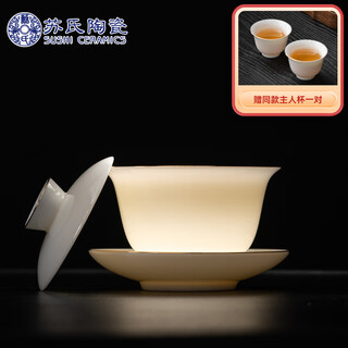 Su's ceramic mutton-fat jade gold-painted sancai bowl kung fu tea set tea bowl with two cups set