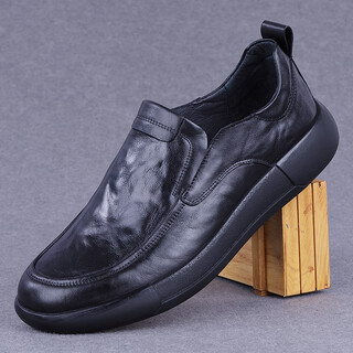 Goldlion gy genuine leather men's shoes spring and summer new men's slip-on hand-grabbed cowhide soft sole men's business casual leather black standard leather shoe size 42 standard leather shoe size
