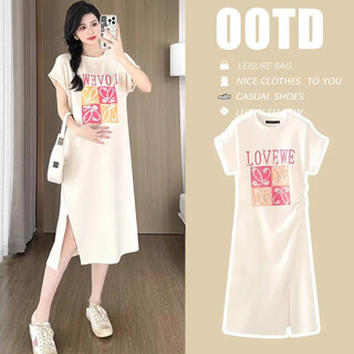 Mom's true color maternity dress summer 2025 new apricot casual fashion slimming beaded print thin short-sleeved mid-length apricot dress m