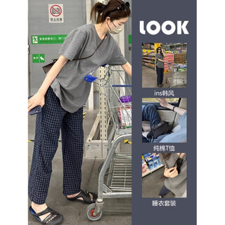 
HUALIN FASHION Korean style T-shirt pajamas women's loose plaid trousers home clothes casual suit 2025 683 short and long solid color plaid 170 M