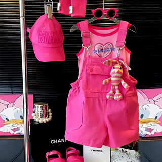 女童背带裤套装夏季2025新款儿童洋气时髦韩系女孩夏日多巴胺穿搭 套装【背心+背带裤 】送兔子娃娃 130