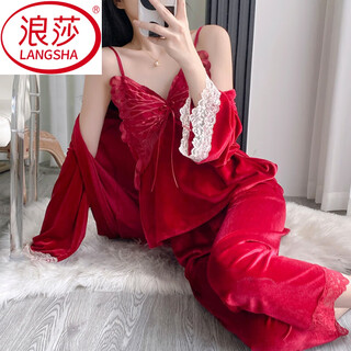 Langsha butterfly three-piece gold velvet pajamas autumn and winter warm women's home clothes sexy straps with chest pad suspenders trousers long sleeves 512 wine red three-piece set l