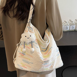 Wanjiazhen canvas bag women's large capacity 2025 chinese valentine's day niche cloth bag single shoulder messenger bag three-use backpack commuting tote bag dual-use tote bag off-white + long legs cloud pendant