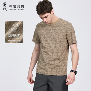 Bailando con la camiseta de lobo [llena de estampado] de manga corta con seda de mora 2025 Summer NUEVO NECHO REDONDO REDONDO COLLO COOL 6035 Caki 701 S (165)