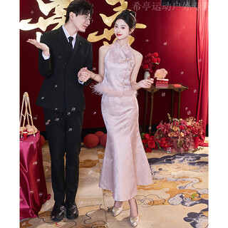 Chuangjingyi selects wedding dress women's suit pink stunning new chinese toast wear bridal cheongsam engagement dress women's suit knot pink fls2517 s