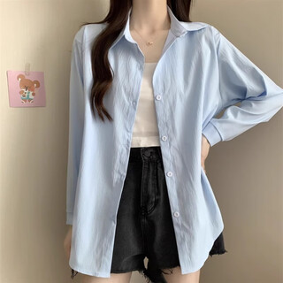 Miao yijia long-sleeved shirt women's blue shirt women's 2025 spring new style foreign style light luxury high-end casual jacket commuting style solid color korean style loose lapel shirt light blue one size fits all recommended 120jin jin equals 0.5 kg within