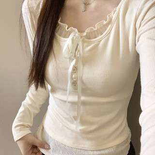 Miao yijia bottoming shirt women's long-sleeved t-shirt women's style 2025 autumn new white women's clothing can be worn inside and outside tops fake two-piece lace apricot tops - with chest pads one size fits all recommended 75-125 jin jin equals 0.5 kg