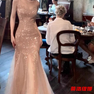 Tilotina birthday party dress high-end light luxury niche sense socialite heavy industry fishtail sequin suspender dress champagne color custom-made with breast pad s
