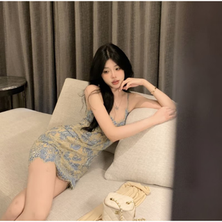 Sexy nightclub women's lace nightclub backless dress bath massage skirt dress technician work clothes crushed ice blue dress xl (recommended 110~120jin jin equals 0.5 kg)