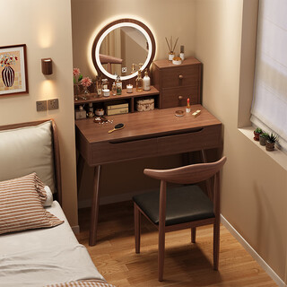 Humanities adult dressing table bedroom dressing table drawer cabinet integrated cabinet 2025 new small apartment modern simple simple dressing table combination walnut color 80cm table + led mirror + chair