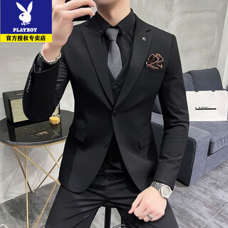 Playboy suit men's high-end business casual suit korean version slim fit groom and best man wedding dress full set men's black 2-button two-piece set 2xl recommended 135-145jin jin equals 0.5 kg