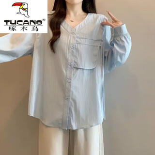 Woodpecker (tucano) right shoulder sun protection shirt women's large size v-neck 2025 spring and autumn large size fat mm irregular shirt ribbon top blue shirt xl 120-150jin jin equals 0.5 kg