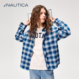 Nautica children's clothing boys and girls long-sleeved plaid cotton shirt spring children's outer shirt retro blue floral cloth/white 160