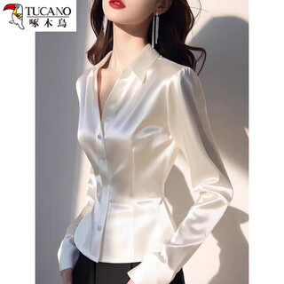 Woodpecker french age-reducing light luxury high-end foreign-style white commuting acetate satin waist shirt tops for women spring white high quality l