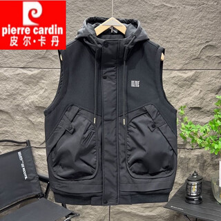 皮尔卡丹（pierre cardin）2025年春秋季新款拼接连帽马甲男修身青年痞帅工装百搭休闲外套男 【黑色】 XL 【130-150斤】