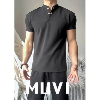 Muwei american high street heavyweight men's t-shirt summer new retro right shoulder polo short-sleeved shirt henry collar fitness top black 90% of buyers choose 2xl recommended 140-160jin jin equals 0.5 kg