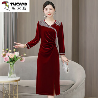 Woodpecker (tucano) mother's wedding dress, wedding banquet dress, can be worn at ordinary times, high-end xi mother-in-law cheongsam 2025 new wedding dress velvet burgundy without velvet 2xl