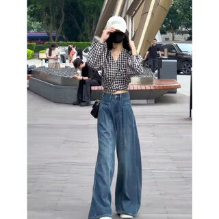 荣西图（RONGXITU）2025秋季穿搭一整套女新款韩版洋气小众上衣高腰牛仔阔腿裤两件套 单件牛仔裤(++胸针一枚) XL  【建议115-125斤】(++