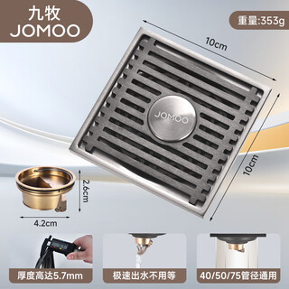Jomoo gun gray stainless steel copper core floor drain thickened anti-insect and anti-odor bathroom shower room sewer bathroom washing machine gun gray-bamboo raft dual-purpose anti-odor copper flap