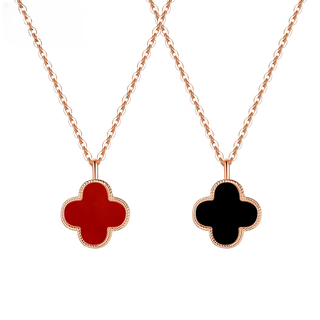 Pop 18k gold lucky four-leaf clover versatile women's pendant necklace rose gold red agate double-sided chain 18k gold four-leaf clover necklace (red and black) rose gold (with 0.5-0.6gk gold necklace)
