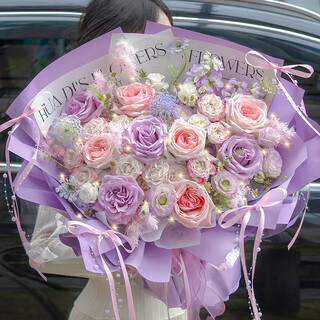 Huade flower express, rose bouquet, birthday gift for girlfriend to express love within one hour, same-day delivery in the same city, purple story, purple rose + pink lychee | dyr80