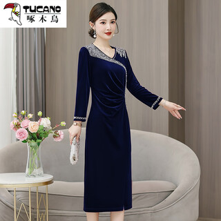 Woodpecker (tucano) mother's wedding dress, wedding banquet dress, high-end mother-in-law cheongsam 2025 new wedding dress velvet blue without velvet 3xl