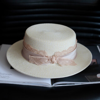 枥野草帽女春夏新款法式平顶帽法式蕾丝花边小平沿遮阳防晒太阳帽 米色 m(56-58cm)可调节