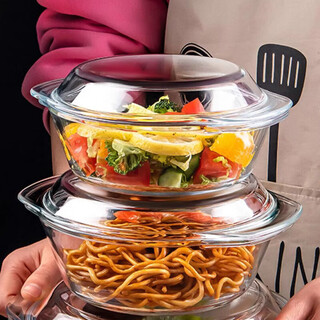 Martigues microwave glassware with lid, high temperature resistant glass pot double-eared soup bowl, large household steamed egg instant noodle bowl soup basin 1.0l+1.5l two-piece set