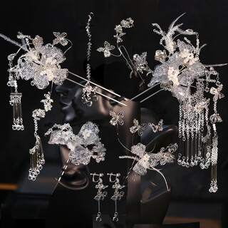 Olevo white moonlight super fairy bridal headdress silver hydrogel flower feather smart chinese style xiuhe dragon and phoenix gown hair accessories yinyu ancient style 8-piece set (ear clip style) hz1120