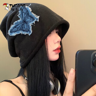 Woodpecker (tucano) hat women's retro butterfly pile hat women's thin large head bao hat cold hat showing face small loose black hat black one size (priority for delivery if added to favorites)
