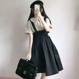 
Single Nanwei Single/College Style Set Students Japanese sweet short-sleeved shirt + high waist strap skirt two-piece set new style 683 black skirt + apricot top L Recommended 103-120Jin [Jin equals 0.5 kg]