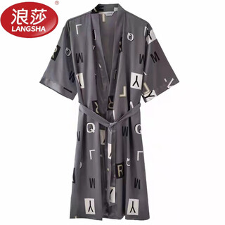 Langsha light luxury nightgown men's summer short-sleeved thin ice silk bathrobe men's mid-length sexy pajamas spring and autumn home clothes 13006 dark gray letter robe short-sleeved 3xl 185 170-200jin jin equals 0.5 kg