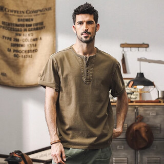 Jay leno american heavy 320g short-sleeved men's t-shirt summer loose retro polo shirt trendy tough guy vintage henry collar men's mocha brown heavy 320g s suitable for 95-115jin jin equals 0.5 kg