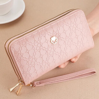 Wan jiazhen women's wallet long double zipper clutch korean style fashion wallet large capacity versatile high-end simple wallet double pull flower long wallet women pink