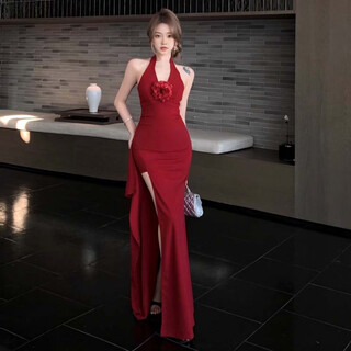 Glimmer halter neck dress women's summer slim dress long skirt pure desire waist slit cover hip skirt sexy v-neck skirt halter neck cover hip long dress red s 80-95jin jin is equal to 0.5 kg