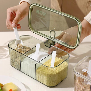 Yunsui seasoning box combination set all-in-one multi-grid kitchen household salt, msg, pepper seasoning storage box seasoning bottle salt shaker, transparent green, double sealed, free 3 spoons, single piece