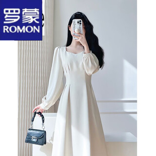 Romon dress women's 2023 autumn and winter new temperament long-sleeved square neck hepburn style waist french bottoming inner long skirt off-white s