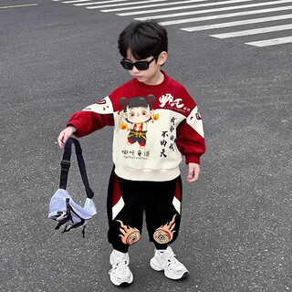 Cool sheep boy nezha sweatshirt suit spring and autumn 2025 new baby style autumn clothing boy sportswear two-piece set red spring and autumn style can be lit 100