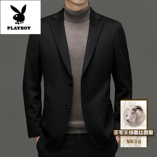 花花公子（PLAYBOY）桑蚕丝羊毛西服男中年商务休闲羊绒西装男秋冬季单西外套 黑色 4XL 195建议190-200斤