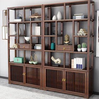 Xianding solid wood ancient bookshelf, new chinese style bookshelf, duobao pavilion storage rack, living room partition, antique tea room, tea display cabinet, one pair of middle draws (nan elm 192*30*196) walnut color