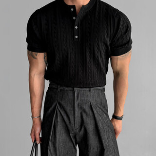 David&me american henley collar knitted short-sleeved t-shirt for men in summer, cool, breathable, high-end, twist pattern slim fit polo shirt, black m
