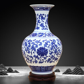 Proud jingdezhen ceramics blue and white porcelain vase handicrafts living room decorations entrance office office exhibition stand decoration blue and white lotus vase + base + certificate