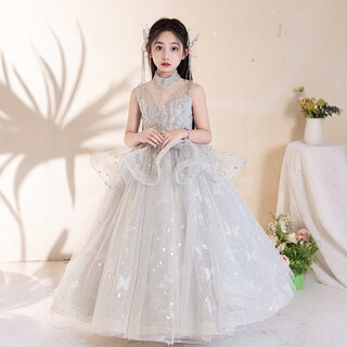 Simiaoxing girls evening dress light luxury niche high-end birthday flower girl girl princess dress children host piano performance suit gray long 110