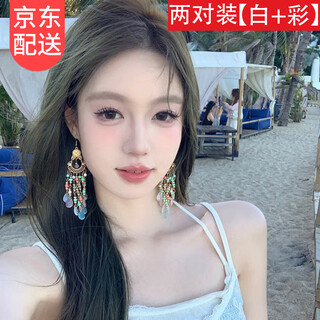 Lu shanwu tassel beaded earrings, bohemian women's colorful holiday style exaggerated ear hooks, ethnic style retro earring accessories, two pairs of ethnic style earrings, white + color