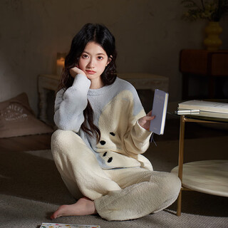 Mrs. slee sleep tight half velvet couple pajamas women's winter thickened plush warm cute polar bear winter men's pullover home clothes bbrl033-women's xl