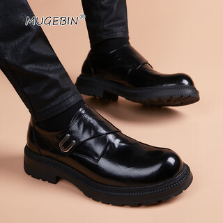 Mugbin brand business men's leather shoes 2025 autumn new style breathable british style thick sole heightening business casual leather shoes for men black heightening model 40